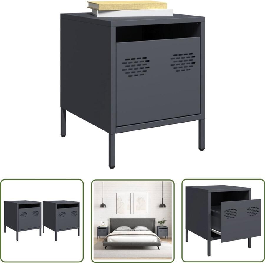 The Living Store Nachtkastjes 2 st 35x39x43 5 cm staal antracietkleurig Nachtkastje Industrieel Design Staal Antraciet Robuust