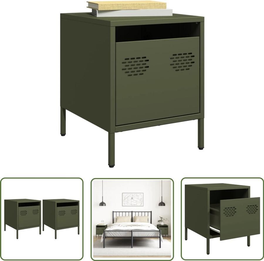 The Living Store Nachtkastjes 2 st 35x39x43 5 cm staal olijfgroen Nachtkastje Industrieel Design Roestvrijstaal Olijf Groen Opbergkast