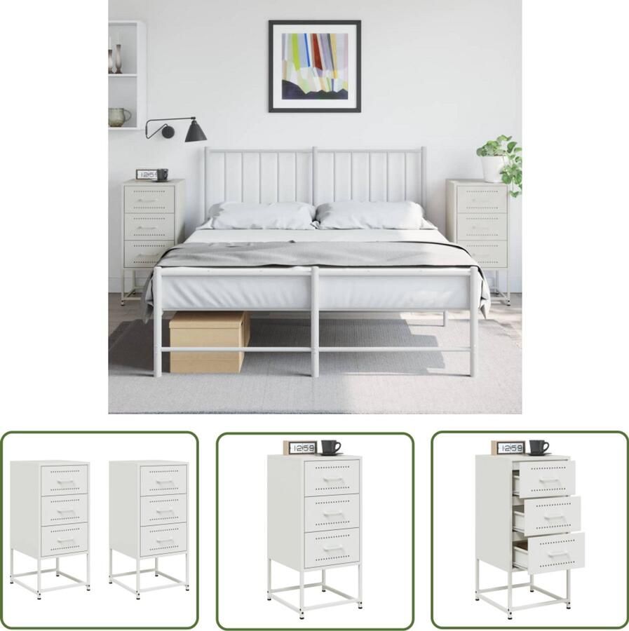 The Living Store Nachtkastjes 2 st 36x39x78 cm staal wit Nachtkastje Industrieel Design Metalen Nachtkastje Witte Nachtkastjes Staal Nachtkast