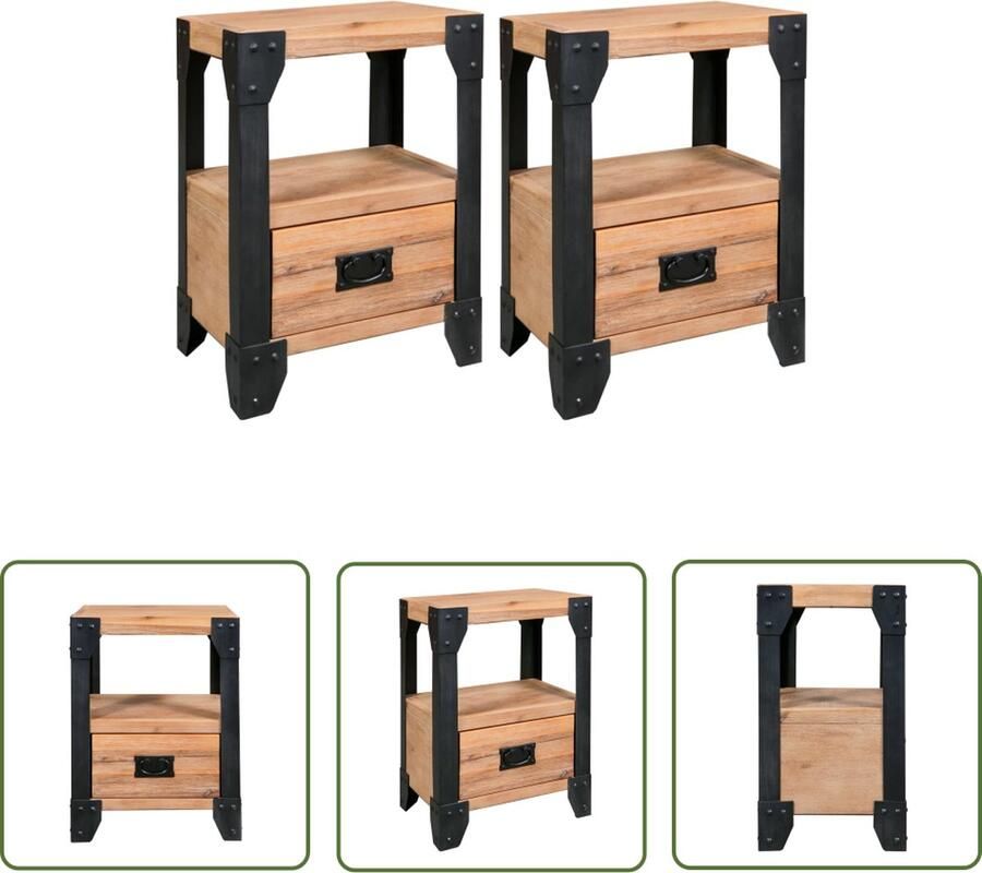 The Living Store Nachtkastje IndustriÃle Stijl 40 x 30 x 54 cm Massief Acaciahout Zwart Staal Nachtkastje Industrieel Design Houten Nachtkast Acacia Hout Zwarte Metalen Accenten - Foto 2