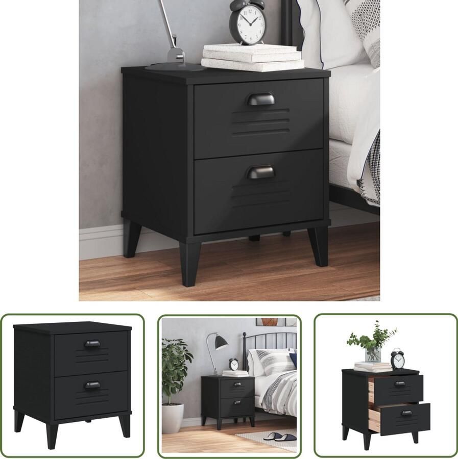 The Living Store Nachtkastje VIKEN bewerkt hout zwart Nachtkastje Industrieel Design Houten Kast Zwarte Kast Opbergkast