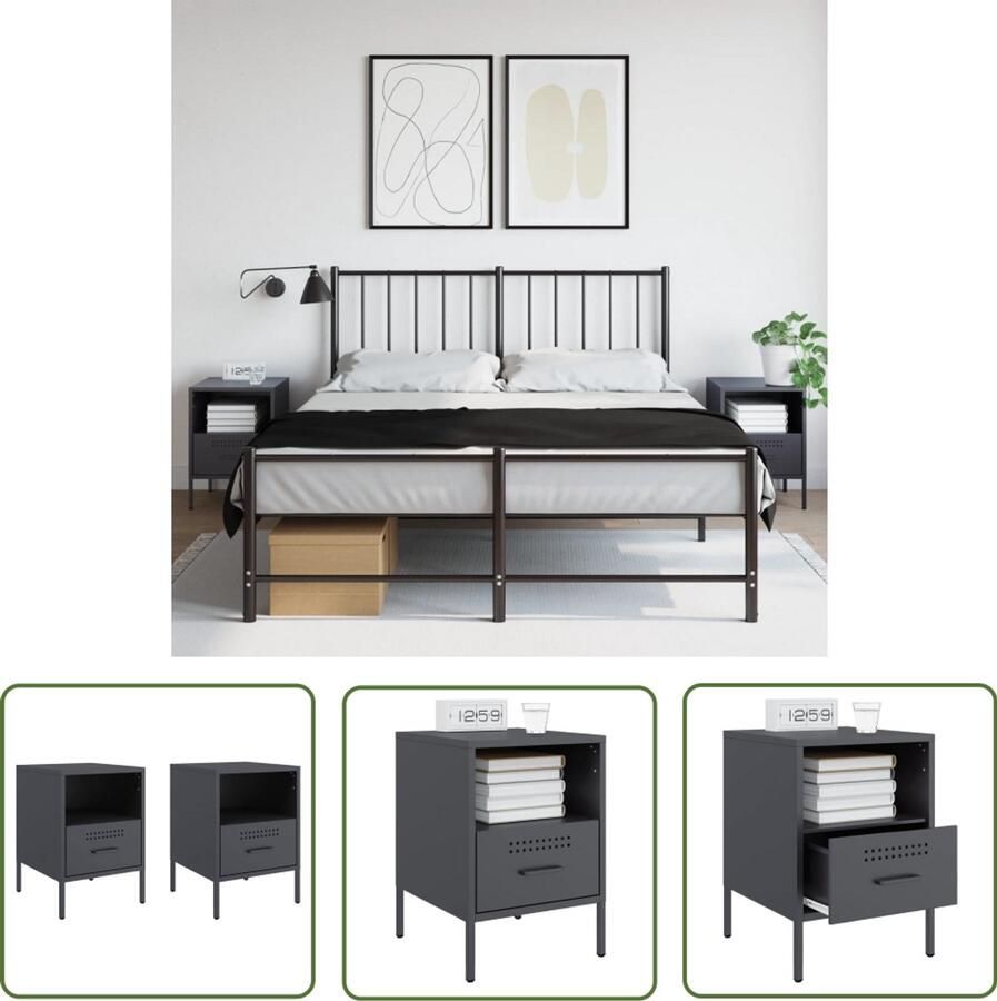 The Living Store Nachtkastjes 2 st 36x39x50 5 cm staal antracietkleurig Nachtkastjes Industrieel Design Staalkasten Zwarte Meubels Antraciet Kleur