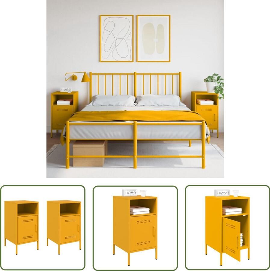 The Living Store Nachtkastjes 2 st 36x39x68 cm staal mosterdgeel Nachtkastjes Industrieel Design Staalkasten Mustard Yellow Vintage Interieur