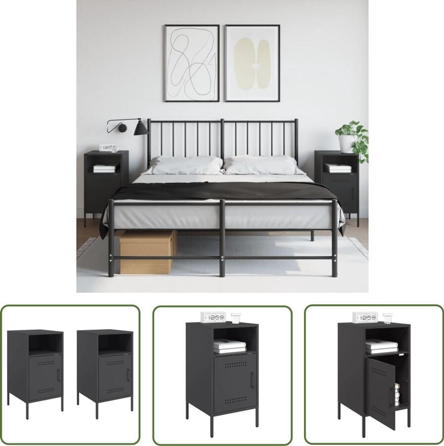 The Living Store Nachtkastjes 2 st 36x39x68 cm staal zwart Nachtkastjes Industrieel Design Zwarte Nachtkastjes Staal Nachttafel Salontafel