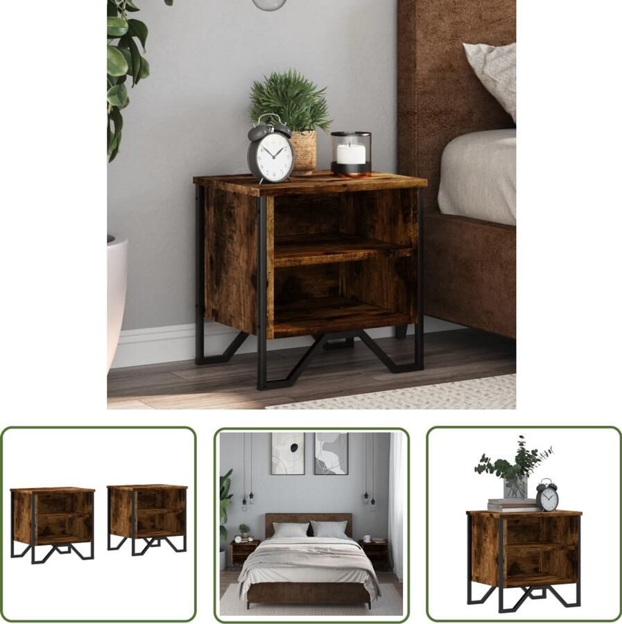 The Living Store Nachtkastjes 2 st 40x30x40 cm bewerkt hout gerookt eikenkleurig Nachtkastjes Industrieel Design Houten Nachtkastjes Bewerkt Hout Gerookt Eiken