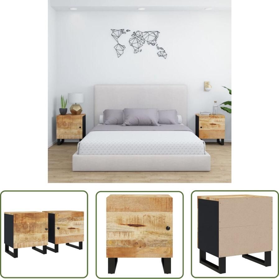 The Living Store Nachtkastjes Massief mangohout 40 x 33 x 46 cm (B x D x H) IndustriÃle basis Nachtkastjes Industrieel Design Mangohout Meubilair Slaapkamer Opbergruimte - Foto 2