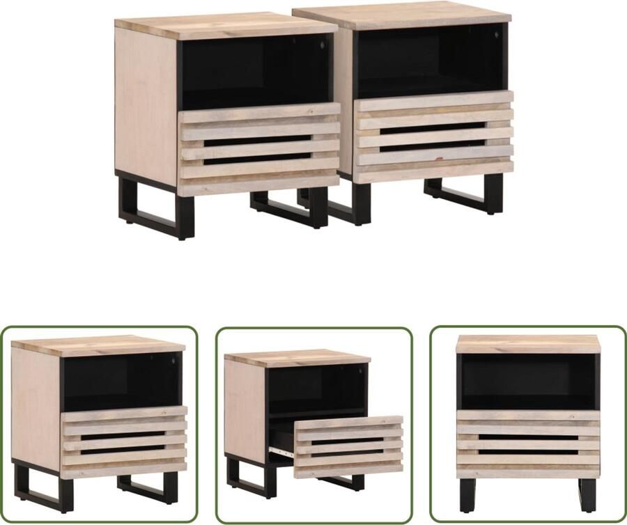 The Living Store Nachtkastjes 2 st 40x34x46 cm massief gebleekt mangohout Nachtkastjes Industrieel Design Mangohout Vintage Woonaccessoires - Foto 2