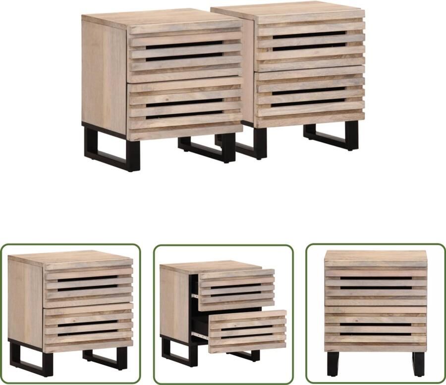 The Living Store Nachtkastjes 2 st 40x34x46 cm massief gebleekt mangohout Nachtkastjes Industrieel Design Mangohout Vintage Woonaccessoires