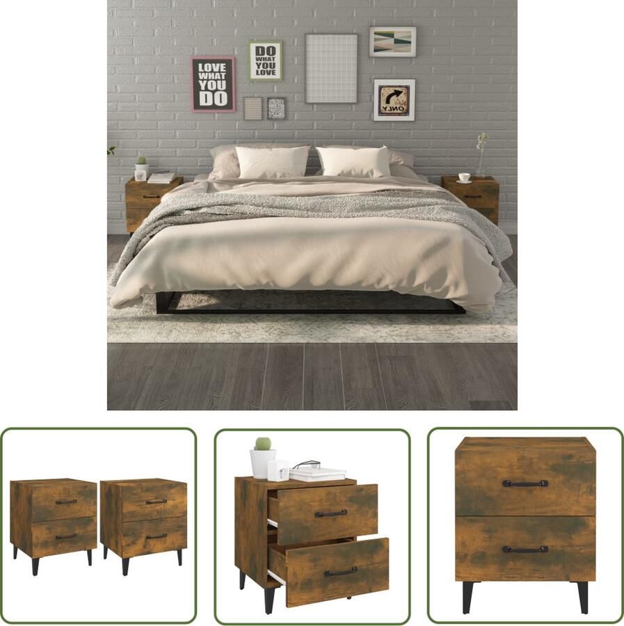 The Living Store Nachtkastjes Gerookt eiken Set van 2 40x35x47.5 cm IndustriÃle charme Nachtkastjes Industrieel Design Houten Meubilair Bruine Kleur Slaapkamers - Foto 2