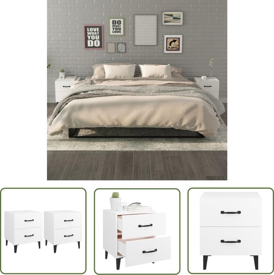 The Living Store Nachtkastjes 40 x 35 x 47.5 cm IndustriÃle stijl Nachtkastjes Industrieel Design Houten Meubilair Witte Meubels Slaapkamermeubels - Foto 2