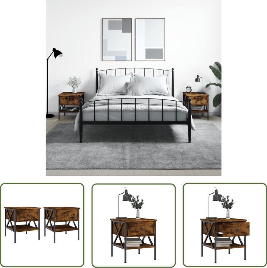 The Living Store Nachtkastjes IndustriÃle Gerookt Eiken 40 x 42 x 45 cm Duurzaam materiaal Stevig frame Voldoende opbergruimte Verstelbare poten Display-functie - Foto 2