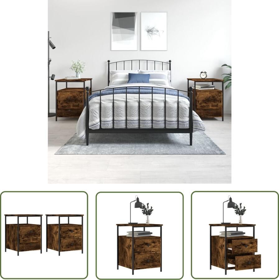 The Living Store Nachtkastjes 2 st 44x45x60 cm bewerkt hout gerookt eikenkleurig Nachtkastjes Industrieel Design Bruine Kast Houten Kast Bergruimte - Foto 2