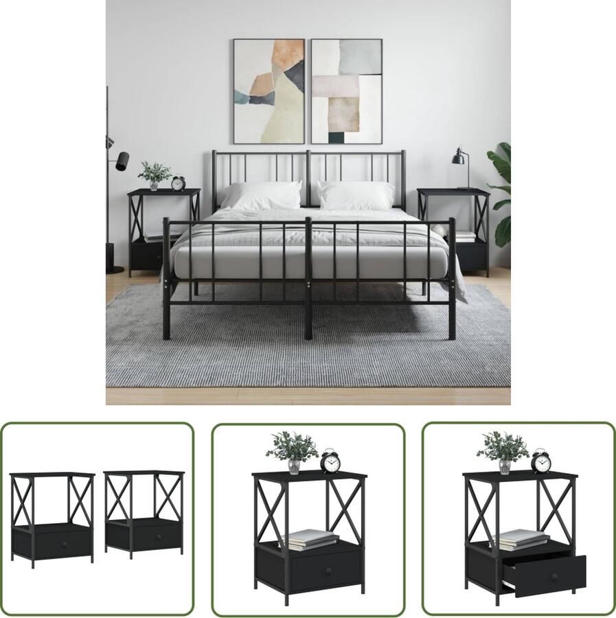 The Living Store Nachtkastjes IndustriÃle Stijl 50 x 41 x 65 cm Zwart Nachtkastjes Industrieel Design Zwarte Nachtkastjes Houten Nachtkastjes Slaapkamermeubilair - Foto 2