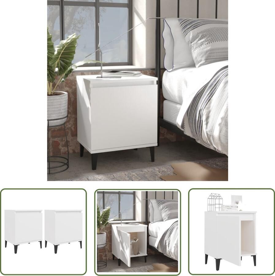 The Living Store Nachtkastjes IndustriÃle Stijl 40 x 30 x 50 cm Wit Metaal en Hout Nachtkastjes Industrieel Design Houten Nachtkastjes Metalen Poten Wit Meubilair - Foto 2