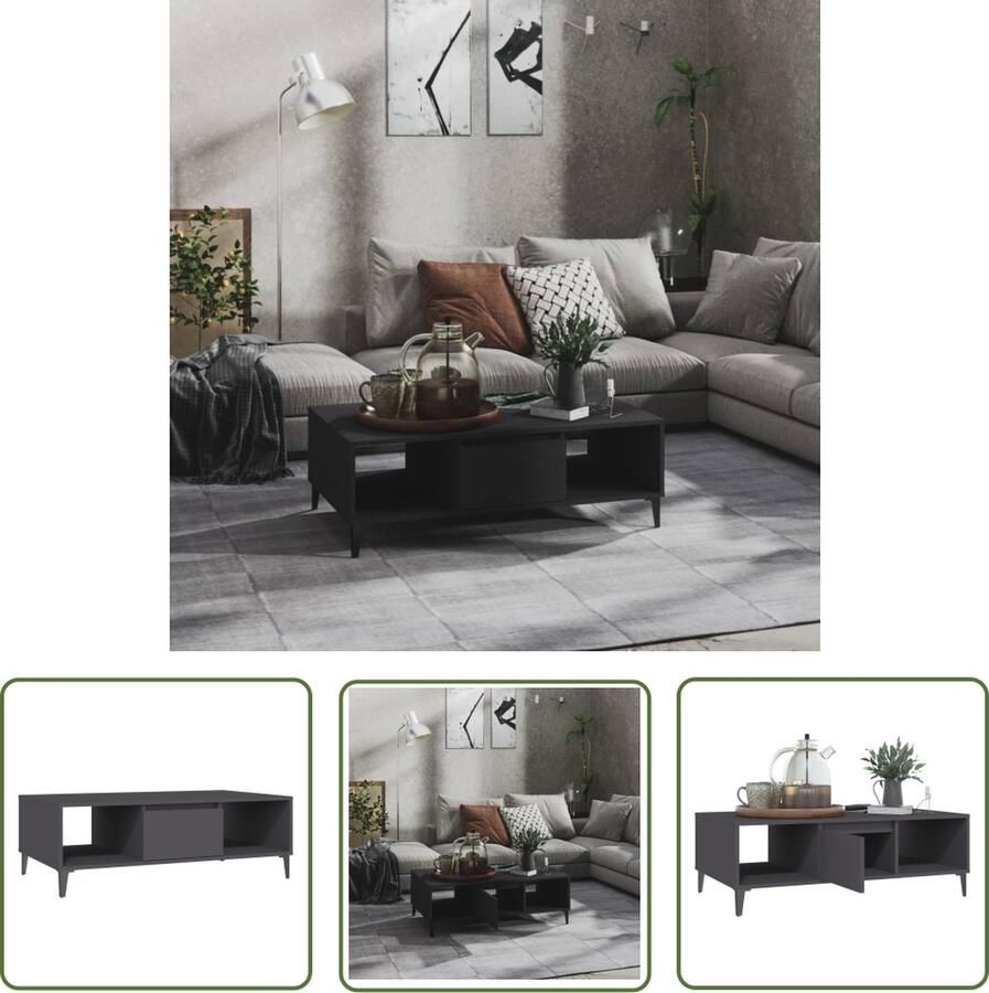 The Living Store Salontafel Industrieel Grijs 103.5 x 60 x 35 cm Met opbergschappen Salontafel Industrieel Design Houten Salontafel Grijze Salontafel Tv Tafellaar - Foto 2
