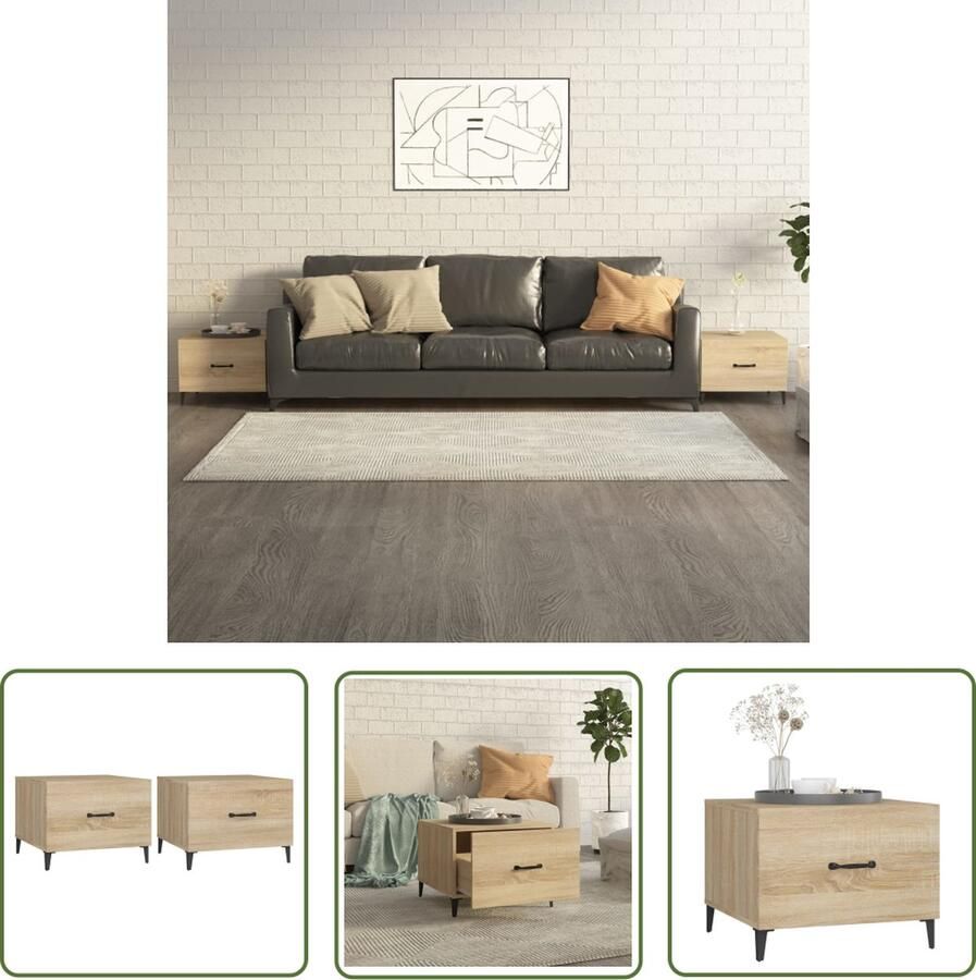 The Living Store Salontafel 2 st met metalen poten 50x50x40 cm sonoma eikenkleur Salontafel Industrieel Design Houten Tafel Metalen Poot Tv Tafeltje - Foto 2