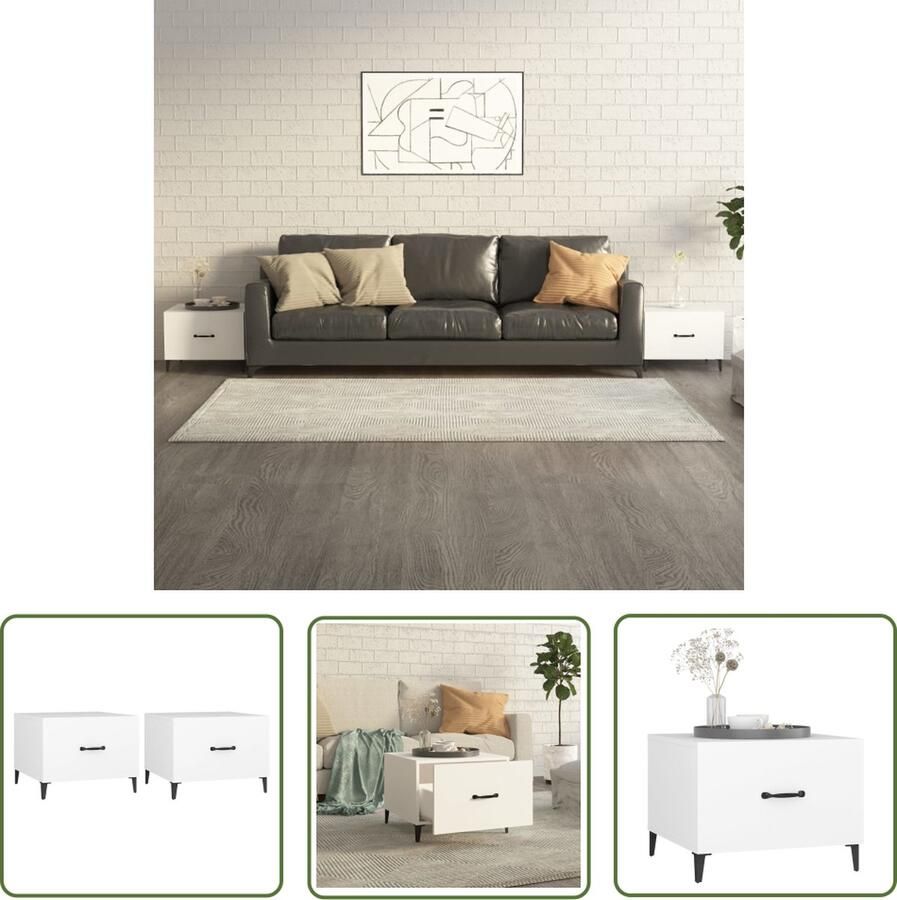 The Living Store Salontafel Industrial Collection Set van 2 50 x 50 x 40 cm Wit Salontafel Industrieel Design Houten Tafel Witte Salontafel Tv Tafeltje - Foto 2