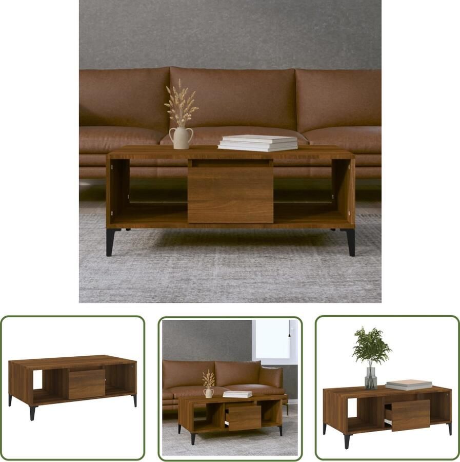 The Living Store IndustriÃle Salontafel Bijzettafel met Lade en 2 Open Vakken Stevig Tafelblad Metalen Voeten Bruineiken 90x50x36.5cm Salontafel Industrieel Design Houten Salontafel Bijzettafel Opbergruimte