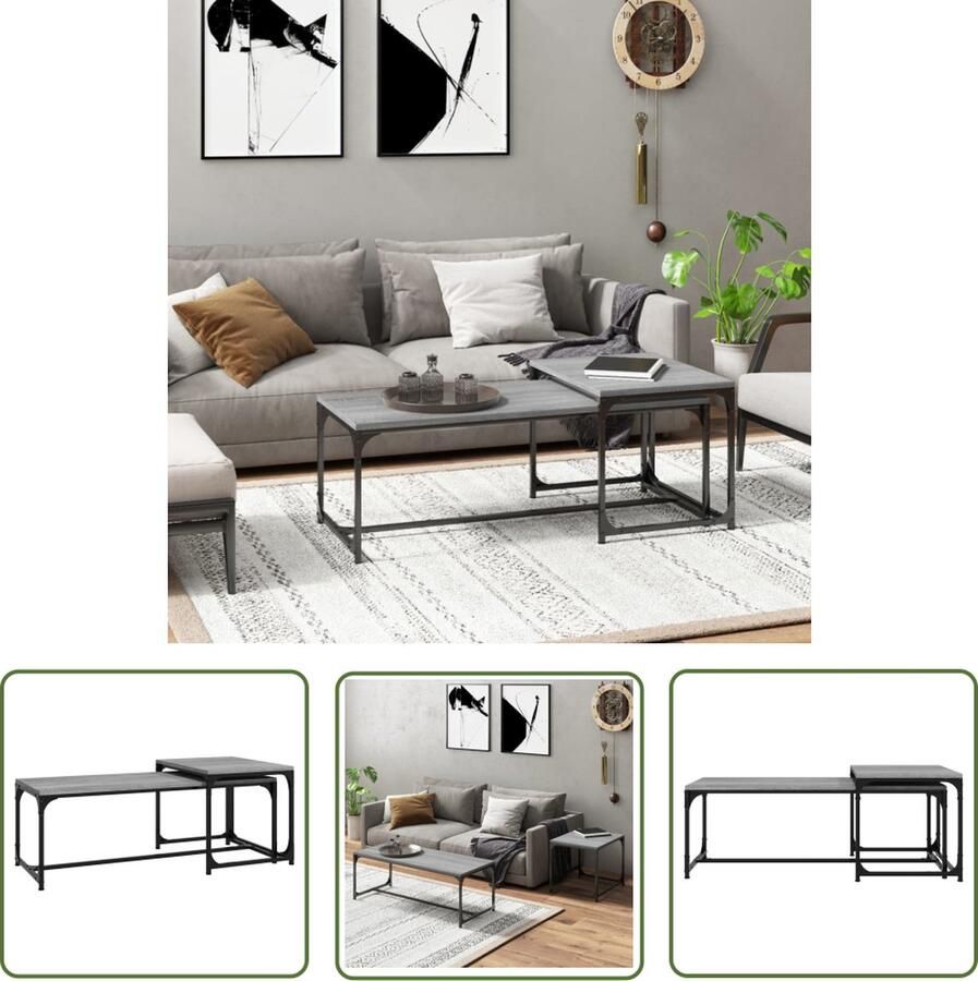 The Living Store Salontafel IndustriÃle Grijs Sonoma Eiken 100x40x35cm 50x40x40cm Bewerkt hout en staal Salontafel Industrieel Design Houten Salontafel Grijze Salontafel Bijzettafel Set - Foto 2