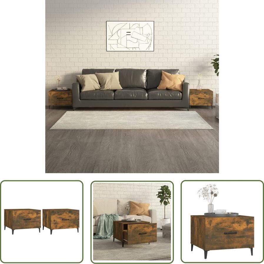 The Living Store Salontafels Gerookt Eiken Bewerkt hout en metaal 50 x 50 x 40 cm IndustriÃle charme Salontafel Industrieel Design Houten Tafel Metalen Poot Gerookt Eiken - Foto 2