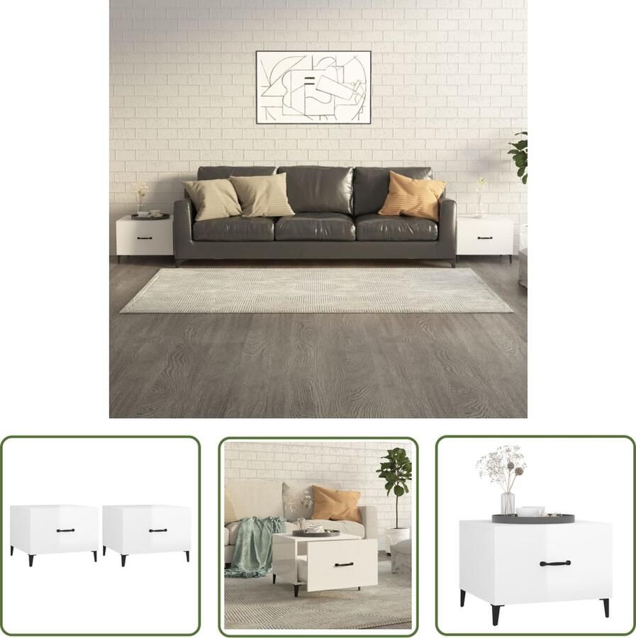 The Living Store Salontafel Banktafel Hoogglans wit 50 x 50 x 40 cm (L x B x H) Metalen poten Salontafel Industrieel Design Houten Tafel Witte Tafel Tv Tafel - Foto 2