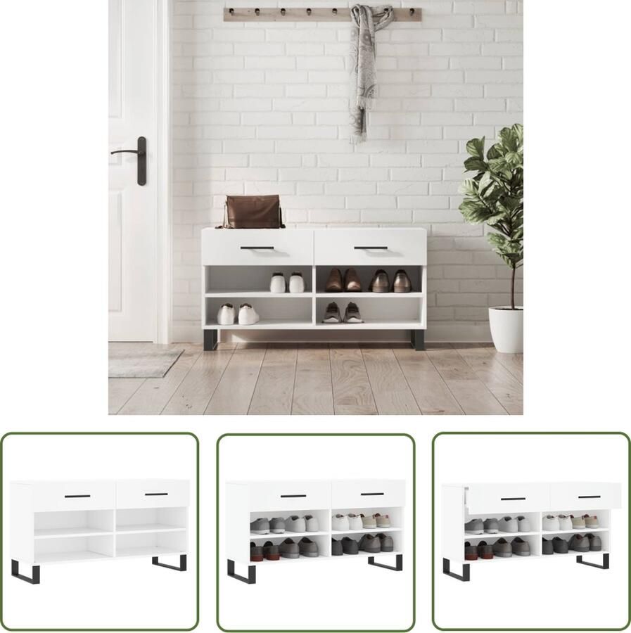 The Living Store Schoenenbank Industrieel Hout en IJzer 102x35x55 cm Met 2 lades en 4 planken Schoenenbank Industrieel Design Houten Bank Wit Schoenuitlegger - Foto 2