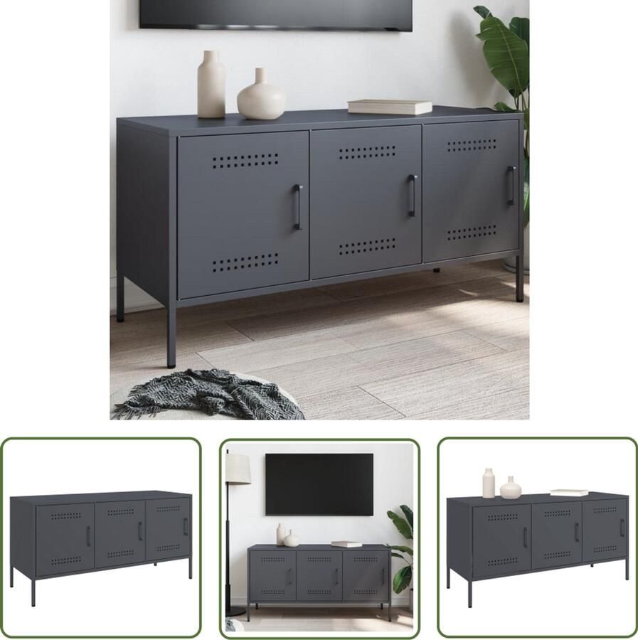 The Living Store Tv-meubel 100 5x39x50 5 cm staal antracietkleurig Tv-meubel Industrieel Design Antraciet Staal Opbergruimte