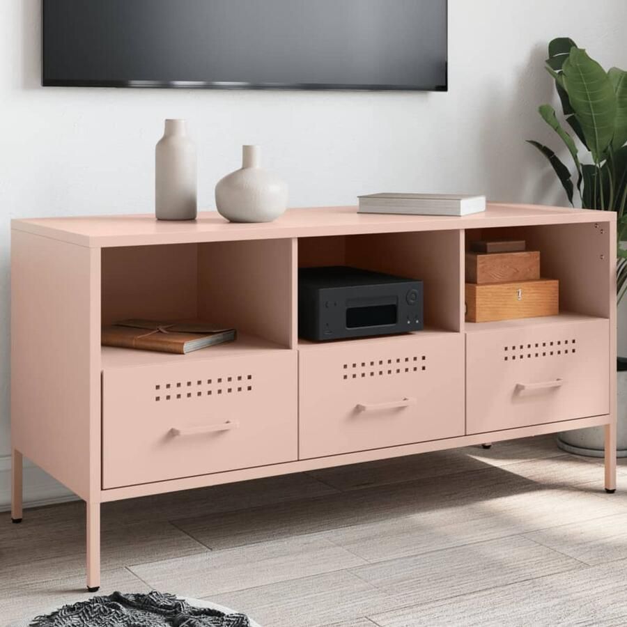 The Living Store Tv-meubel 100 5x39x50 5 cm staal roze Tv-meubel Industrieel Design Roestvrijstalen Tv-stand Televisiescherm Standaard Salontafel