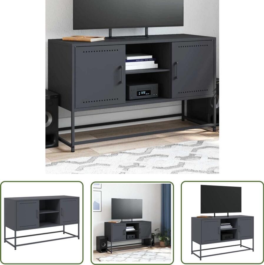 The Living Store Tv-meubel 100 5x39x60 5 cm staal antracietkleurig Tv-meubel Industrieel Design Robuust Stevig Metalen Tv-kast