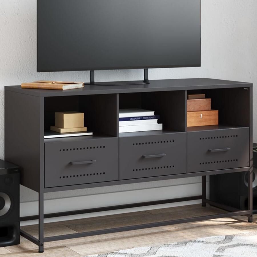 The Living Store Tv-meubel 100 5x39x60 5 cm staal zwart Tv-meubel Industrieel Design Zwarte Tv Kast Metalen Tv Stand Salontafel