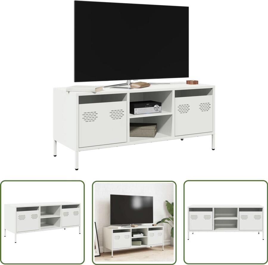 The Living Store Tv-meubel 101 5x39x43 5 cm koudgewalst staal wit Tv-meubel Industrieel Design Koudgewalst Staal Wit Opbergruimte