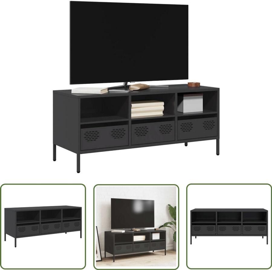 The Living Store Tv-meubel 101 5x39x43 5 cm koudgewalst staal zwart Tv-meubel Industrieel Design Koudgewalst Staal Opbergruimte Televisiekast