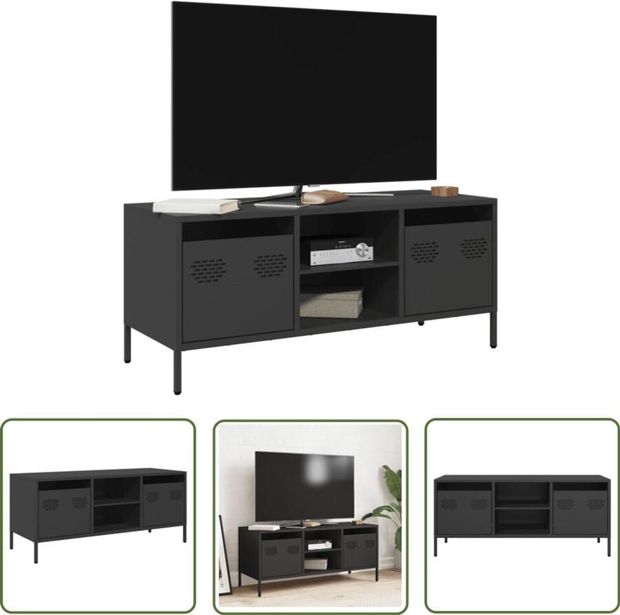 The Living Store Tv-meubel 101 5x39x43 5 cm koudgewalst staal zwart Tv-meubel Industrieel Design Koudgewalst Staal Tv Stand Opbergruimte