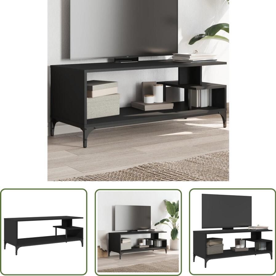 The Living Store Tv-meubel 102x40x41 cm bewerkt hout en gepoedercoat staal zwart Tv-meubel Industrieel Design Zwart Tv-meubel Houten Tv-standaard Media Kast