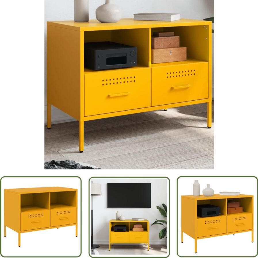 The Living Store Tv-meubel 68x39x50 5 cm staal mosterdgeel Tv-meubel Industrieel Design Koudgewalst Staal Mustard Geel Opbergruimte