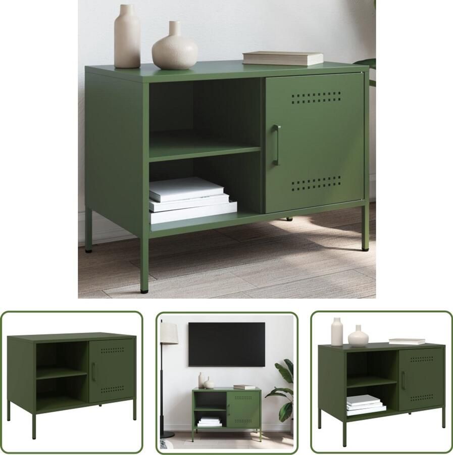 The Living Store Tv-meubel 68x39x50 5 cm staal olijfgroen Tv-meubel Industrieel Design Metalen Tv-standaard Staal Tv Kast Olijfgroene Tv-bank
