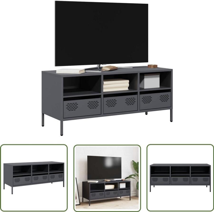 The Living Store Tv-meubel 101 5x39x43 5 cm koudgewalst staal antracietkleurig Tv Meubel Industrieel Design Tv Stand Koudgewalst Staal Zwart