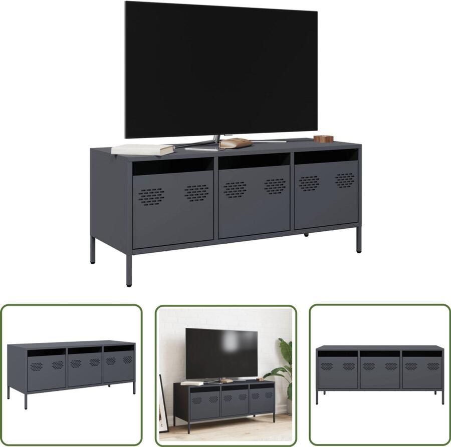 The Living Store Tv-meubel 101 5x39x43 5 cm koudgewalst staal antracietkleurig Tv Meubel Industrieel Design Tv Stand Salontafel Zwart Metaal
