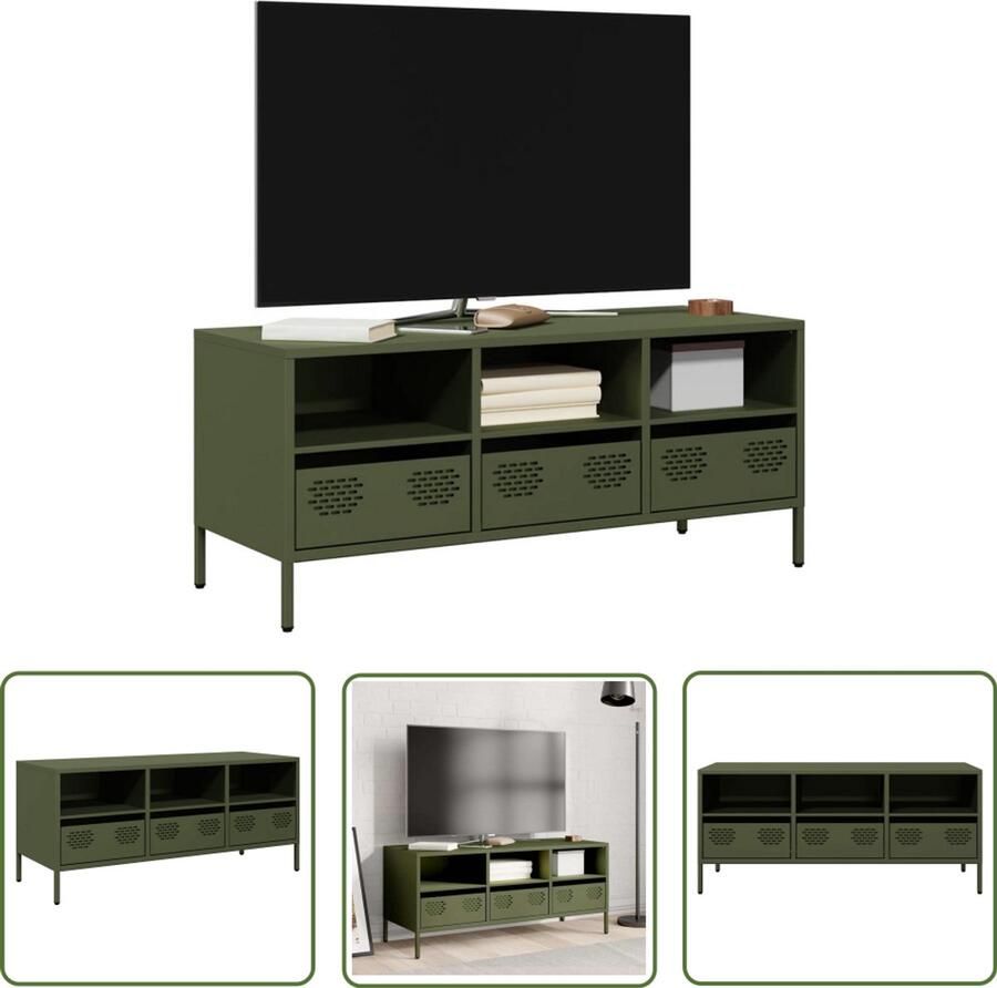 VidaXL Tv-meubel 101 5x39x43 5 cm koudgewalst staal olijfgroen Tv Meubel Industrieel Design Koudgewalst Staal Olijfgroen Opbergruimte