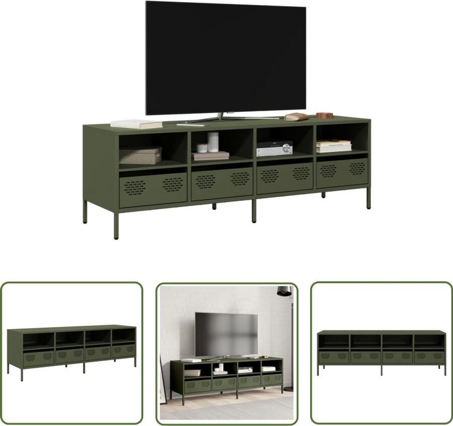 The Living Store Tv-meubel 135x39x43 5 cm koudgewalst staal olijfgroen Tv Meubel Industrieel Design Houten Tv Stand Salontafel Opslagoplossing
