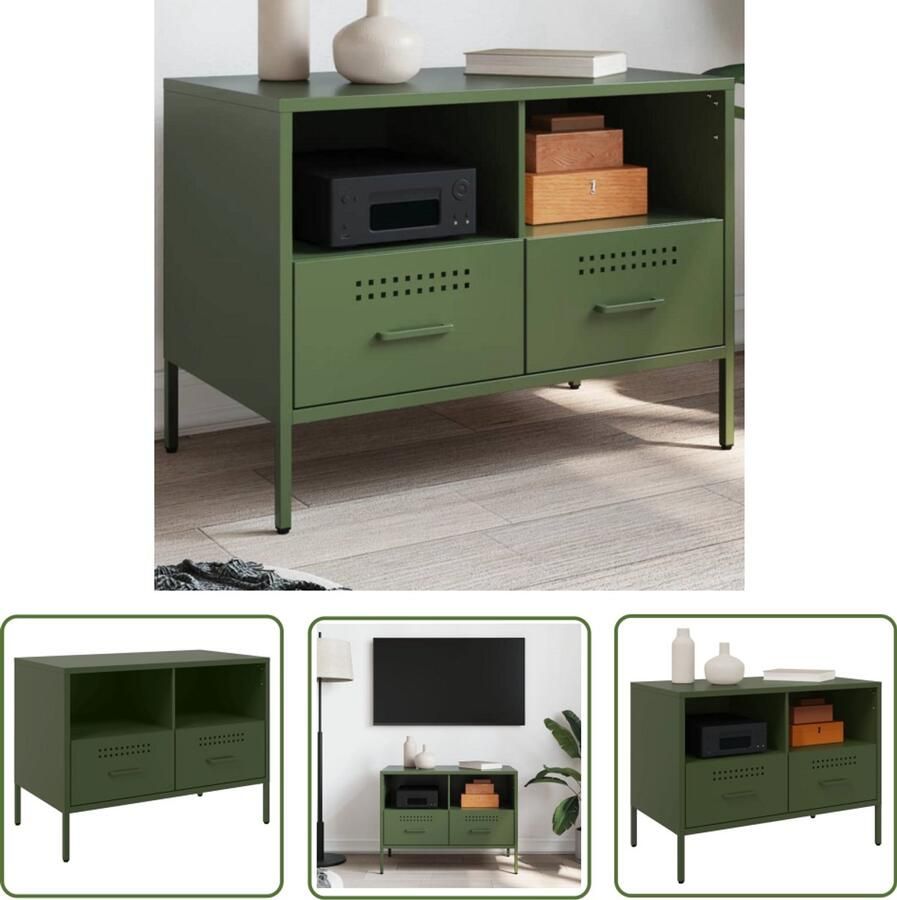 The Living Store Tv-meubel 68x39x50 5 cm staal olijfgroen Tv Meubel Industrieel Design Houten Tv Stand Salontafel Televisiekast