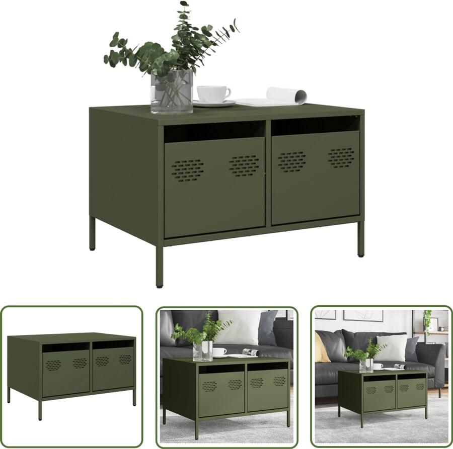 The Living Store Tv-meubel 68x50x43 5 cm koudgewalst staal olijfgroen Tv Meubel Industrieel Design Koudgewalst Staal Olijfgroen Opbergruimte