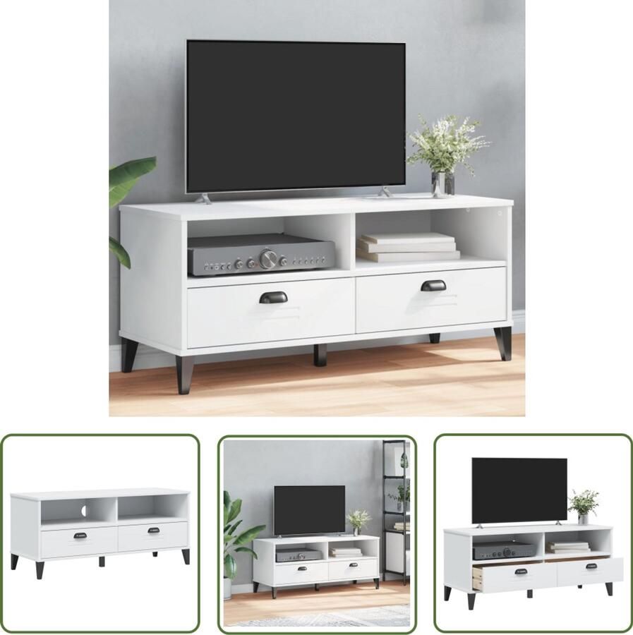 The Living Store Tv-meubel VIKEN bewerkt hout wit Tv-meubel Industrieel Design Houten Tv-stand Wit Tv-meubel Opbergruimte