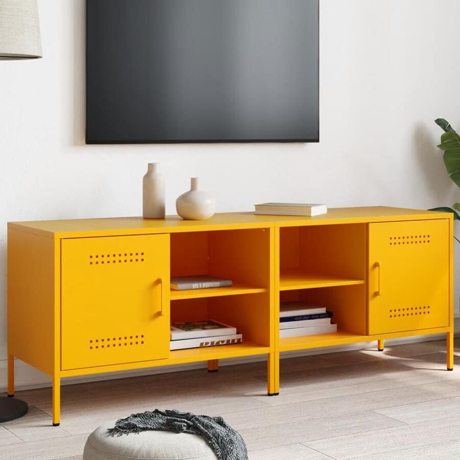 The Living Store Tv-meubelen 2 st 68x39x50 5 cm staal mosterdgeel Tv-meubilair Industrieel Design Roestvrijstaal Mustard Geel Salontafel