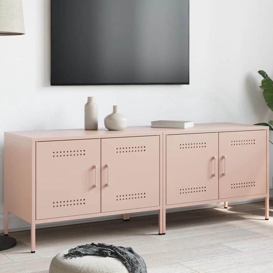 The Living Store Tv-meubelen 2 st 68x39x50 5 cm staal roze Tv-meubilair Industrieel Design Roestvrijstaal Tv Kast Salontafel