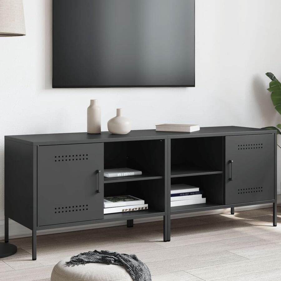 The Living Store Tv-meubelen 2 st 68x39x50 5 cm staal zwart Tv-meubilair Industrieel Design Tv Kast Metalen Tv-standaard Zwarte Tv-unit