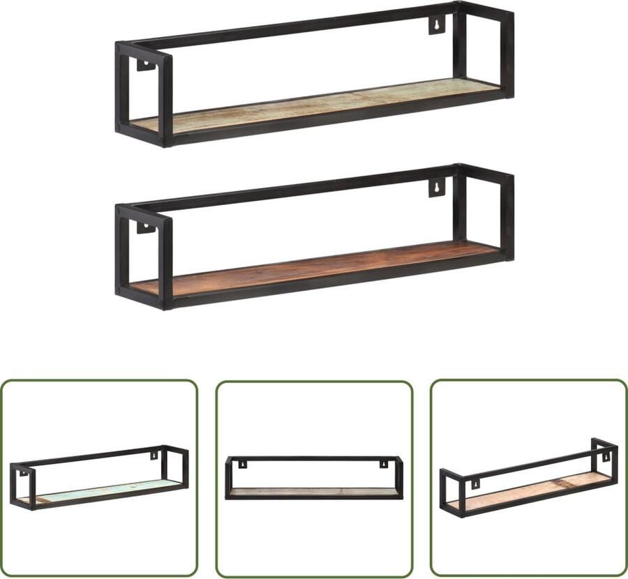 The Living Store Wandschappen 2 st 80 cm massief gerecycled hout Industriele Wanddecoratie Houten Wandplank Recyclen Meubilair Vintage Woonaccessoires Schapenkastje