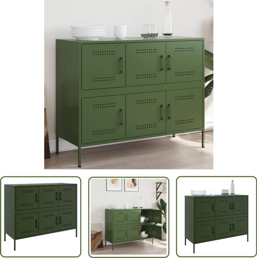 The Living Store Dressoir 100 5x39x79 cm staal olijfgroen Dressoir Buffetkast Industrieel Design Staal Olijfgroen