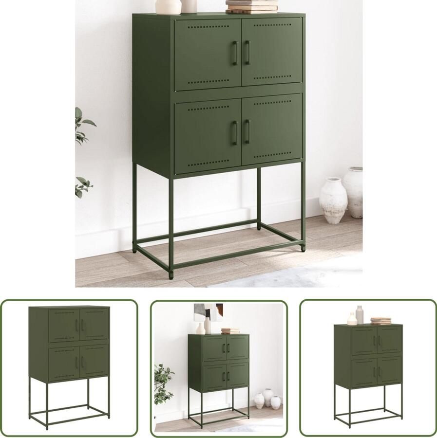 The Living Store Dressoir 68 5x38 5x107 cm staal olijfgroen Industrieel Dressoir Metalen Dressoir Robuust Dressoir Opbergdressoir Vintage Dressoir