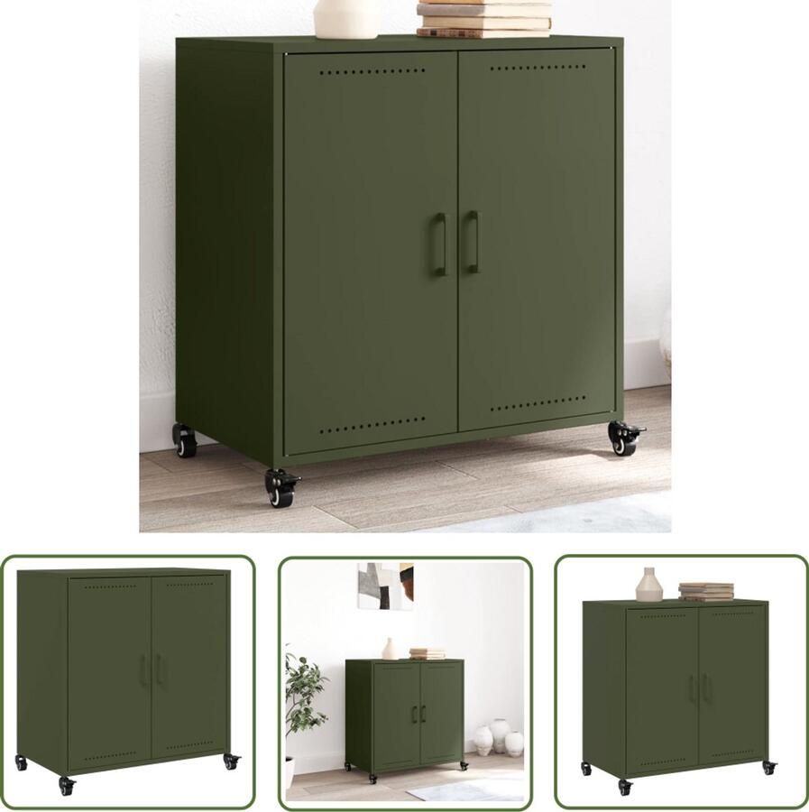 The Living Store Dressoir 68 5x39x72 cm staal olijfgroen Dressoir Meubels Industrieel Design Vintage Style Metalen Dressoir